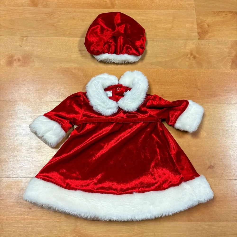Small Wonders Red & White Velvet Santa Claus Christmas Dress & Bonnet 0-3M